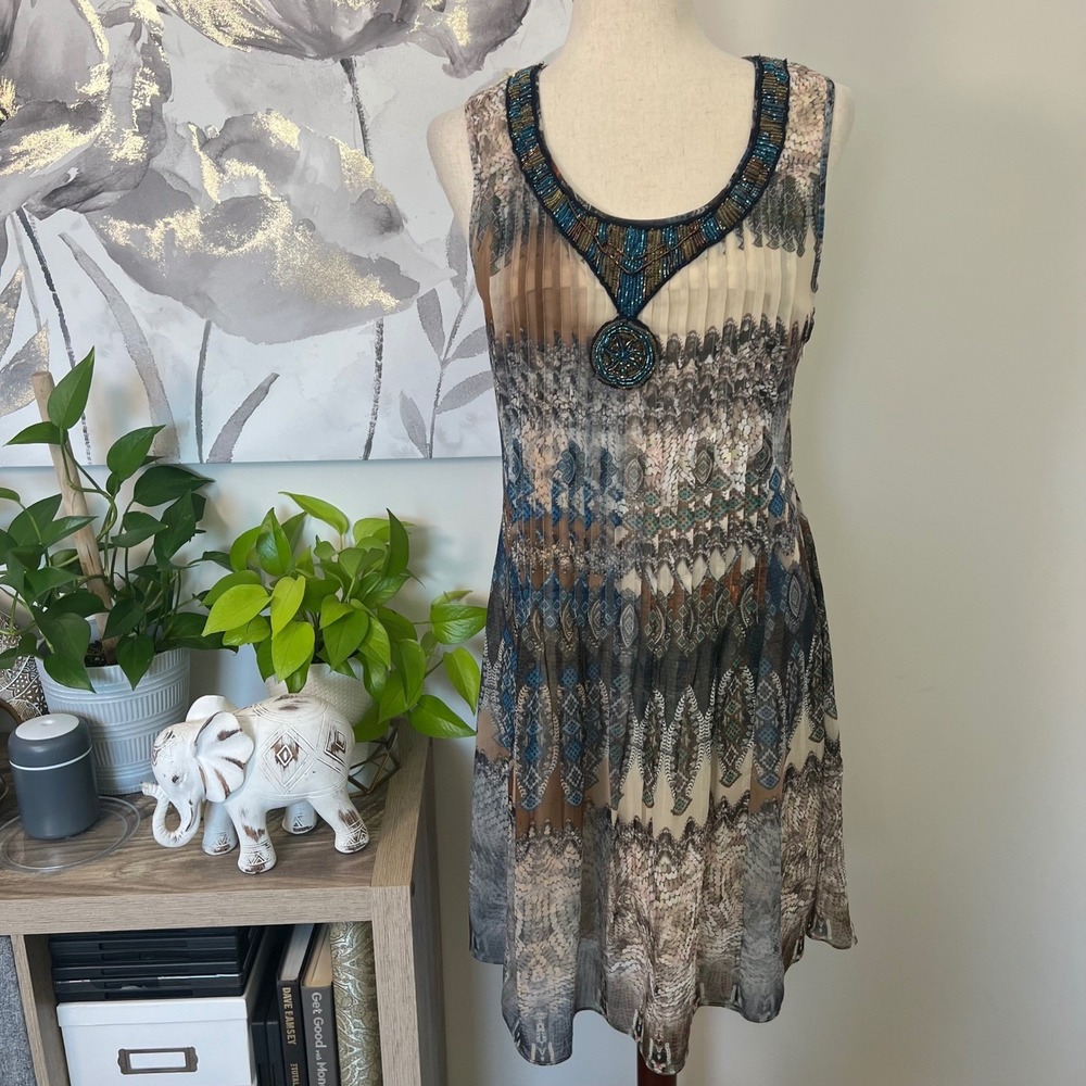 Beaded‎ Boho Midi Dress Abstract Print Sleeveless Y2K Fairy Whimsical Ethereal